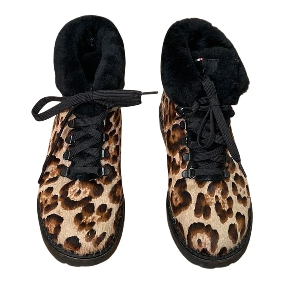 Oscar Sport Kira Leopard Calf Hair Fur Trim Hiking Boots Lace up‎ EU 38